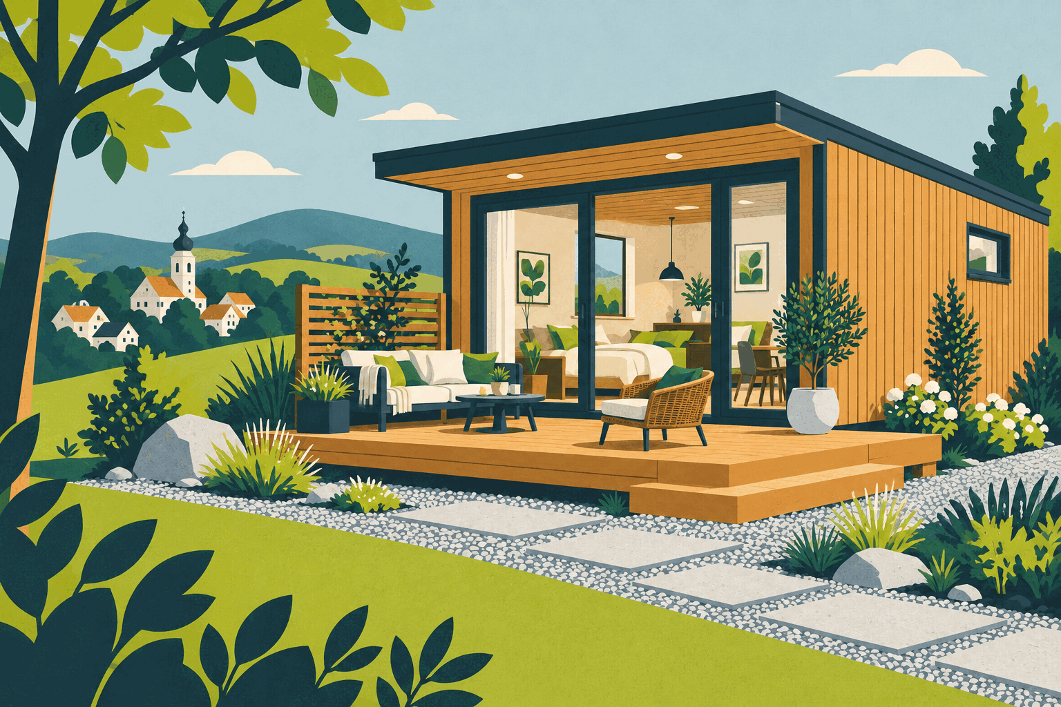 Grafische Darstellung: Modernes Tiny House aus Holz mit Terrasse
